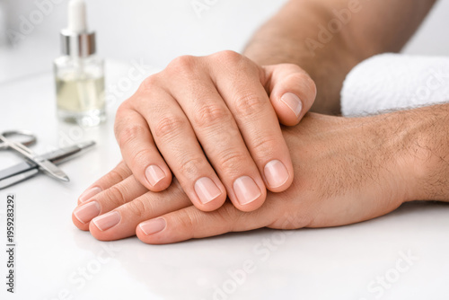 Male hands manicure treatment in spa salon, grooming, clean nails, hygiene concept, skincare and wellness, professional nail care on light minimal background