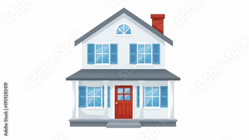 White Two Story House Red Door Blue Shutters Brick Chimney Footage