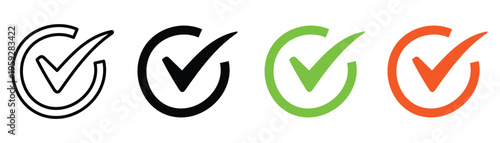 Set of check mark icons in circle with different colors and outline styles