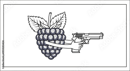 Blackberry Holding Gun, Threatening, Danger, Fruit, Weapon, Funny, Cartoon, Threat Concept