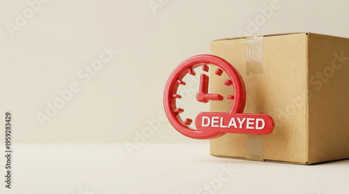 Supply chain disruptions logistics delay concept cardboard box and red clock icon show late shipping delivery frustration