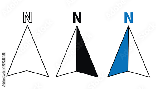 Set of compass north arrows with letter n in outline, filled, and blue variations on transparent background