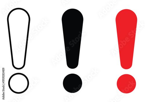 Exclamation mark alert icons in outline solid black and red color variations
