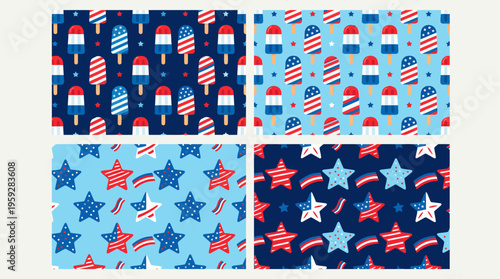 Patriotic Popsicle Seamless Pattern Set with Stars and Stripes for 4th of July