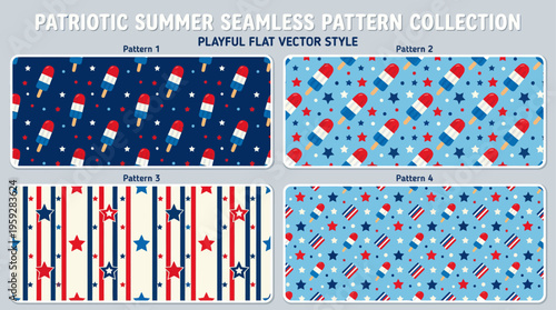 Patriotic Popsicle Seamless Pattern Set with Stars and Stripes for 4th of July