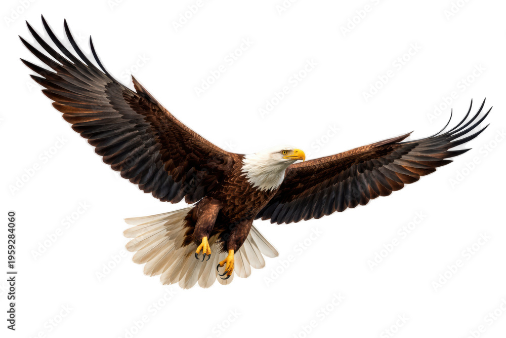 Fototapeta premium Bald eagle flying with wings spread as PNG cutout isolated on transparent background