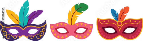 Colorful carnival masks set with decorative feathers festive masquerade vector illustration collection for party celebration and festival design