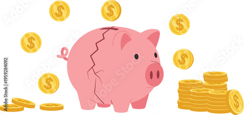 Broken piggy bank with coins savings concept financial loss budget crisis vector illustration for economy and money management design