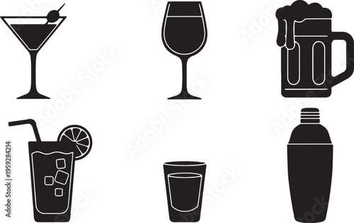 Black Solid Alcoholic Drinks Silhouettes Set of Six on White Background