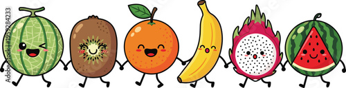 Cute fruit cartoon characters set with watermelon kiwi banana dragon fruit and more colorful vector illustration for kids design