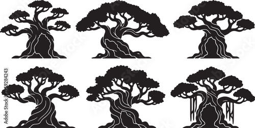 Collection of Six Black Solid Ancient Gnarled Tree Silhouettes