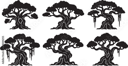 Collection of Six Black Solid Ancient Gnarled Tree Silhouettes