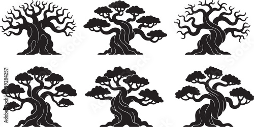 Collection of Six Black Solid Ancient Gnarled Tree Silhouettes