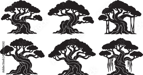 Collection of Six Black Solid Ancient Gnarled Tree Silhouettes