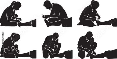 Black Solid Anesthesiologist Silhouettes Set of Six on White Background