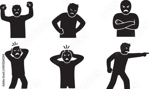 Black Solid Angry People Silhouettes Set of Six on White Background