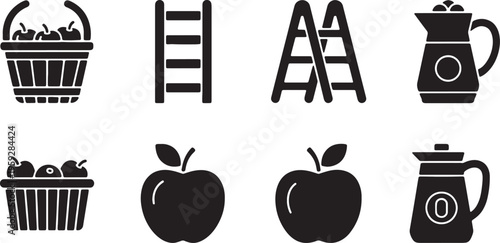 Black Solid Apple Picking and Harvest Equipment Silhouette Icons