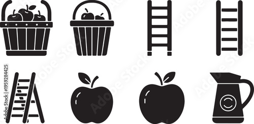 Black Solid Apple Picking and Harvest Equipment Silhouette Icons