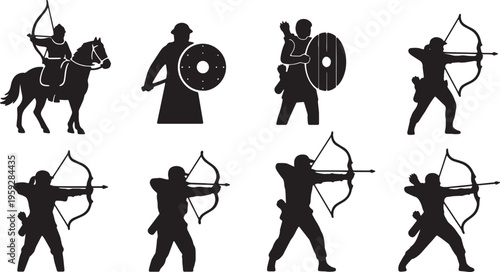 Black Solid Archery Combat Silhouettes Set of Six on White Background