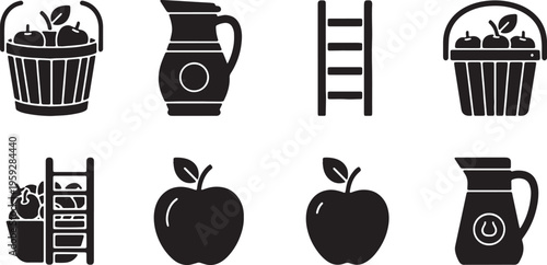 Black Solid Apple Picking and Harvest Equipment Silhouette Icons