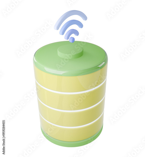 Wireless Charging Symbol: A sleek, illustrative depiction of a battery, illuminated with a wireless symbol, symbolizes modern power transfer and energy