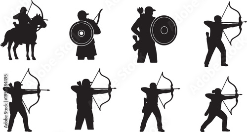 Black Solid Archery Combat Silhouettes Set of Six on White Background