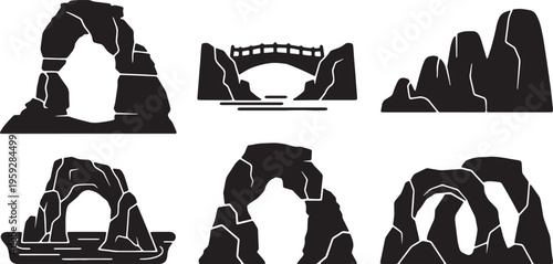 Black Solid Natural Arch Rock Formation Silhouettes Set of Six