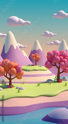 Dreamy 3D Landscape: Pastel Peaks & Blooming Trees