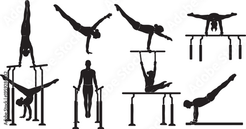 Black Solid Artistic Parallel Bars Silhouettes Set of Six on White Background