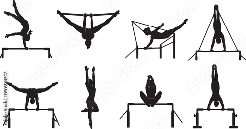 Black Solid Artistic Uneven Bars Silhouettes Set of Six on White Background