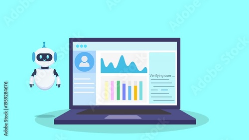 Animated video of a robot assistant beside a laptop displaying a data dashboard with charts and graphs, representing automation, analytics, and digital business insights in a clean flat design style.