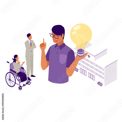 病院を背景に電球を掲げる男性と車椅子の女性のアイソメトリックイラスト