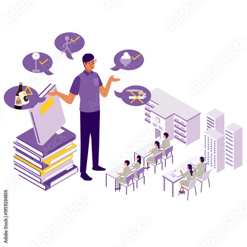 学校やオフィスで生活習慣の改善を指導する講師のアイソメトリックイラスト