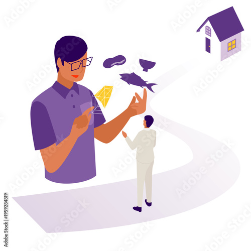 自宅への道の上で食事バランスを管理するケアマネジャーのアイソメトリックイラスト