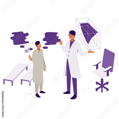 患者にわかりやすく治療計画を説明する医師のアイソメトリックイラスト