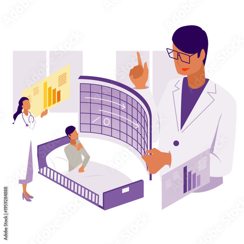 入院患者のデータをデジタル管理する医師と看護師のアイソメトリックイラスト