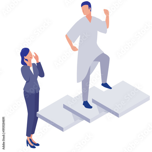 階段を上りリハビリの成果を実感する患者と見守る女性のアイソメトリックイラスト