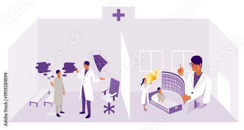 診察室でのデータ分析と病室での看護ケアを描いた病院内部のアイソメトリックイラスト
