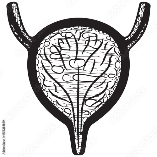 Human bladder medical illustration line art diagram for urology health isolated on transparent background