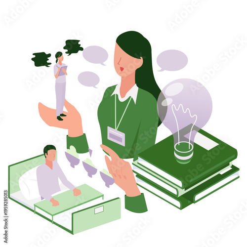 入院患者の食事や生活環境を改善するための知識とアイディアを象徴するアイソメトリックイラスト