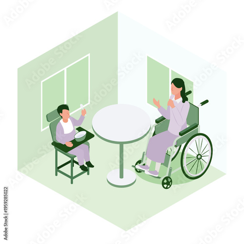 車椅子の女性と子供が食卓を囲み食事を楽しむ様子を描いたアイソメトリックイラスト