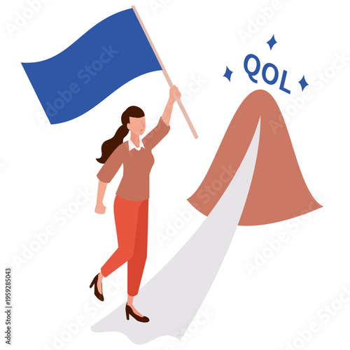 QOL（生活の質）向上という目標の頂へ向かって旗を掲げ進む女性のアイソメトリックイラスト