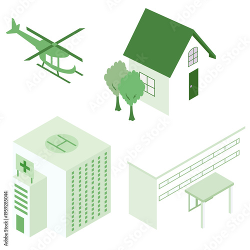 ドクターヘリ・病院・住宅を繋ぐ地域医療連携システムをイメージしたアイソメトリックイラスト