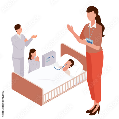病室で療養する患者と寄り添う家族に終末期ケアの相談を行う専門職のアイソメトリックイラスト