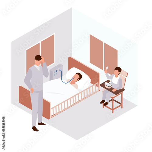 療養中の家族を見守りながら食事をする子供と悩みを抱える男性のアイソメトリックイラスト