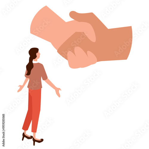 巨大な握手のオブジェを見上げて新たな信頼関係や提携を確信する女性のアイソメトリックイラスト