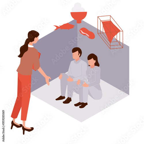 大切な人を亡くした遺族の心に寄り添い今後の生活や栄養面をサポートするアイソメトリックイラスト