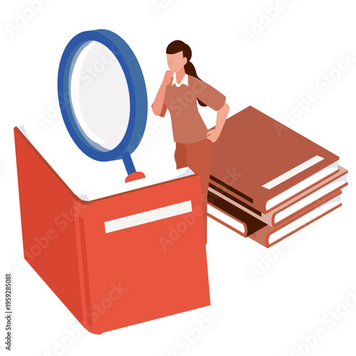 巨大な本と虫眼鏡を使い専門的な知識の調査や分析を行う女性のアイソメトリックイラスト