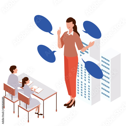 街のビルを背景に学生へ向けて講演やセミナーを行う女性講師のアイソメトリックイラスト