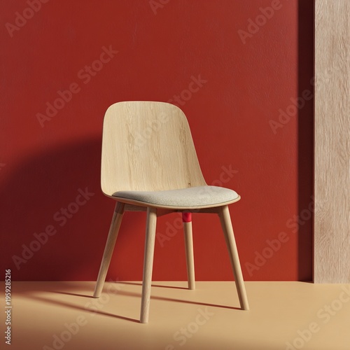 wooden chair in a room with no other furniture, with a red wall and brown floor
